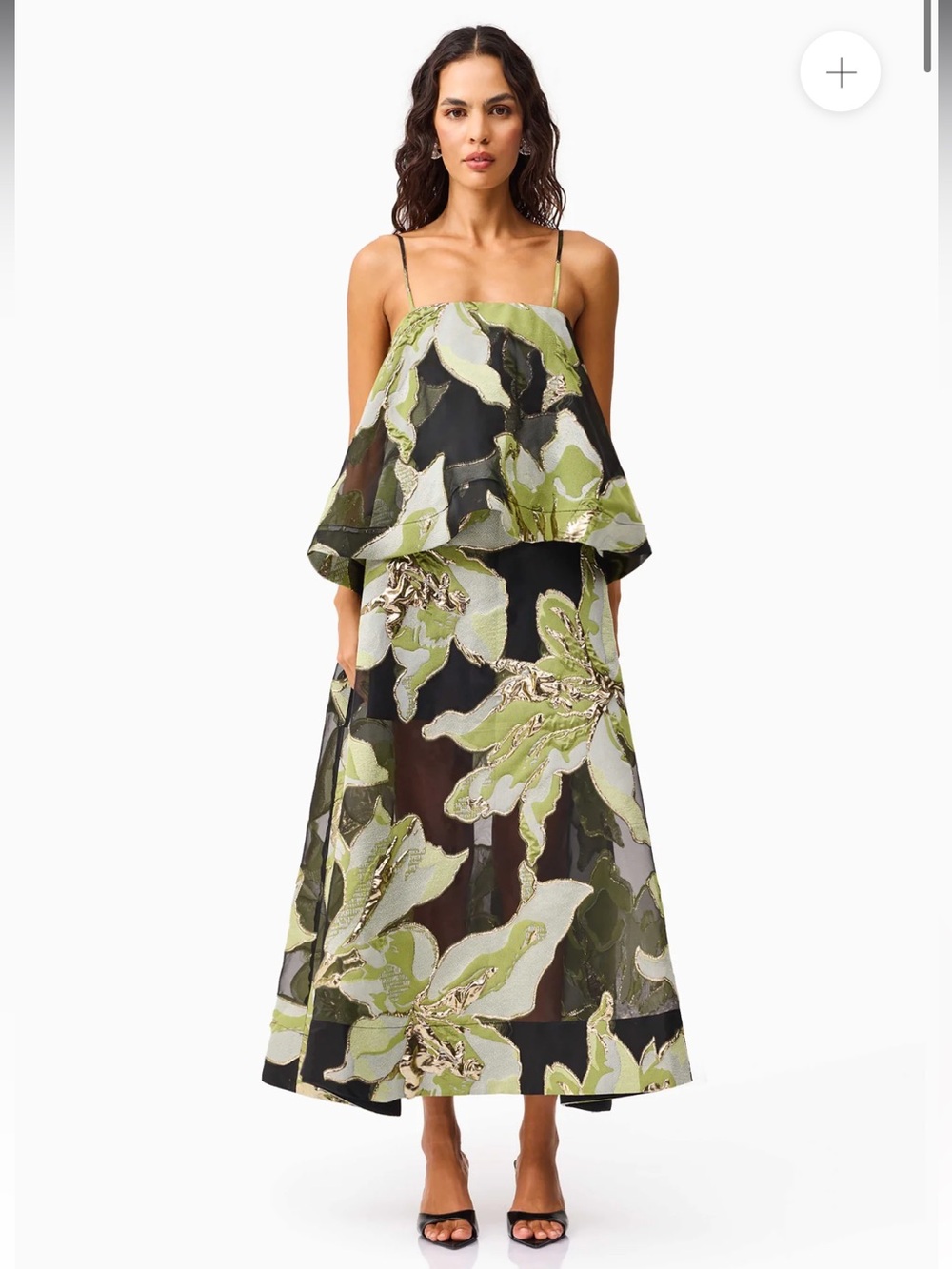 elliatt elysia black & green floral flared tiered maxi gown dress size large NEW